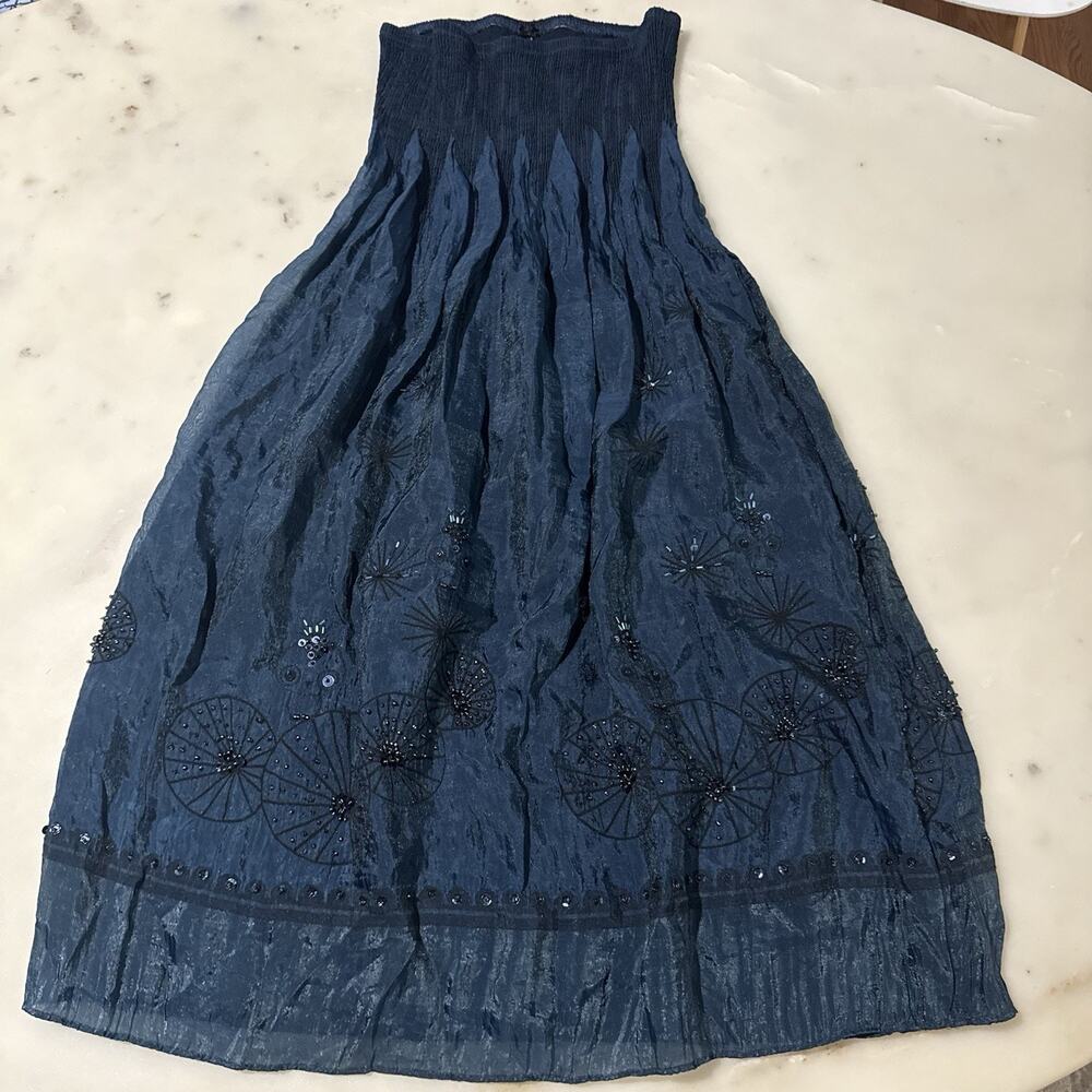 Lapis Beaded Smocked Strapless Midi Dress Convertible Maxi Skirt Blue Boho Y2K